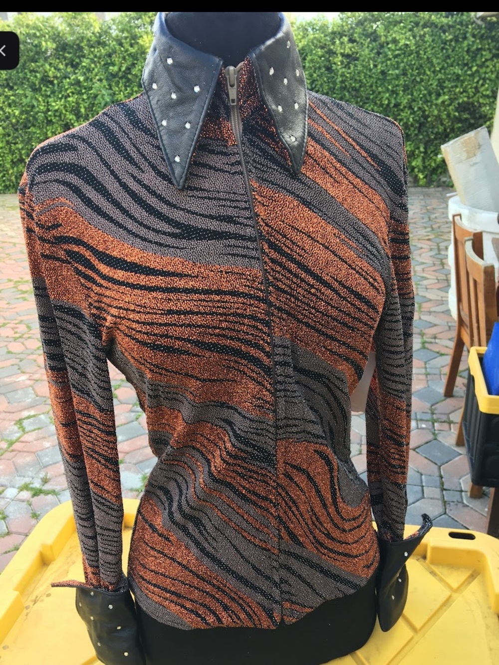 TLC Copper and Black Zebra-Stripe Zip-Up Blouse with Studded Collar